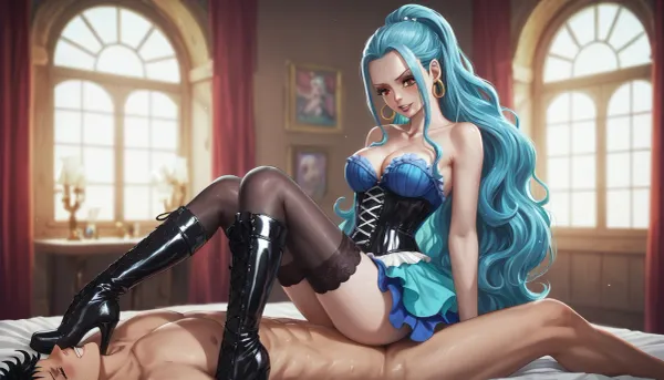 Nefertari Vivi from one piece, stockings, knee high boots corset, cleavage, sitting cowgirl sex