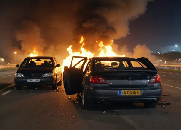 A car accident, on the motorway, in the middle of the night, pile-up, injured bodies inside and outside the vehicles, vehicles involved in accidents, fire, explosions