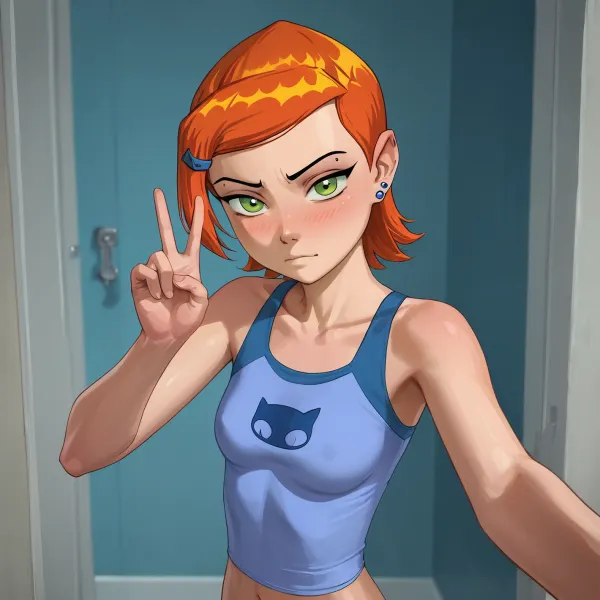 amateur selfie, young adult girl, long orange hair, green eyes, tight and firm, 18 years old girl, very slim girl, Best quality, realistic, slim waist, nice perky tits, large breasts, Looking at the camera, fresh face, shy look, pale, very petite girl, very detailed, gwen, tennyson, (/Ben10), /, (ultra, HD, quality, details), bright, orange, hair, short, (green, eyes), <lora:eGirls_XL_v1:.5>, <lora:Gwen Tennyson (Ben10) - XL SCXL V1.0:.8>