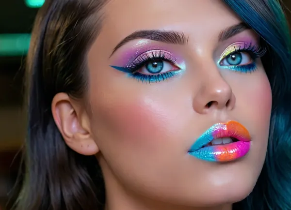 markgavatino art style, (Masterpiece), (ultra high definition), sexy robot with robot face, (hyper fully robotic girl), Beautiful, long dark BLUE hair, natural breasts, and white eyes., (((cyan shiny hyper glowing neon pussy lips))), (B3YOND_STYLE_MECHA), (hyper spread pussy, hyper gaping pussy), ((makeup:1.5), long blue eyelashes, olive eyeshadow with glitter), (lips:1.2), pink lipstick, seducing smirks. At the final stage, the cameraman finished on the woman's face makeup., makeup, eyeliner, eyelashes, <lora:detailed_notrigger:.8>, <lora:DetailedEyes_V3:1.4>, <lora:Modern_MakeUp_XL_v0_1:2>