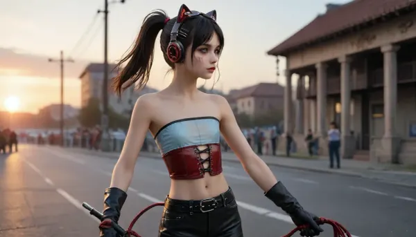 a close look, beautiful sexy 19 year old young latin girl wearing a cat ears clip, ((flat-chested:1.8)), (tall body), slim, wearing cat ear headphones, oily red leather corset, oily transparent blue see-through bra, leather platform boots, sunrise in the background, running makeup, emo, goth, black hair, ponytail, round innocent face, ultra high definition, ruanyi0300, assault, belt, gloves, goggles, holding, whip, <lora:ahxl_v1:.8>