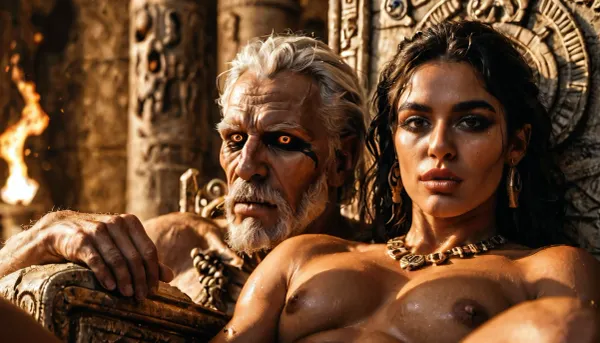 (realistic:1.2), (close up), (1man), ((Gabriel was a an aged man, 60yo)), (tall, athletic body, wildly exuberant, lustful ancient demon), angular brutally face, full black straight hair, brown tanned skin, ultra detailed, best quality, sitting on huge wide Throne made of stone and bone, ((skulls)), ((open fires next to throne)), inside a dark ancient greek temple, nightlight, illuminated by open fires, 8k UHD, best shadow, best illumination, <lora:MJ52:.8>, <lora:Portrait_perfection:.8>
