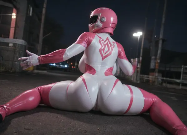 ((full helmet, White markings, bodysuit, pink power Ranger suit:1.35)), 5 fingers, (big breasts, thick thighs, big ass, large ass:1.15), ((mirrow helmet)), female, night, curvy figure, black, full boots, gloves, outie, arched back, voluptuous body, on the ground, (splits spread legs spreading), (back view), <lora:add-detail-xl:2>