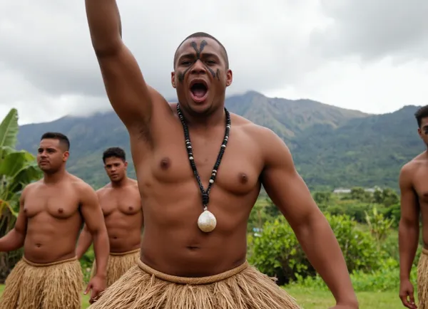 (group of Polynesian men performing a traditional tribal dance outdoors:1.3), in the center of attention — a strong dancer, (face painted with tribal symbols:1.1), bare-chested, wearing a necklace of black and white beads, in a, (grass skirt:1.6), in a dynamic pose with his arm raised, his mouth open as if shouting, muscular. In the background, other dancers in similar clothing, (mountain landscape under a cloudy sky:1.1), (tropical vegetation), ((Realistic photo image:1.3)), (natural lighting:1.1), bright colors, high detail, sharp focus, (dynamic composition:1.1), (dynamic frame), (authentic cultural scene:1.2)