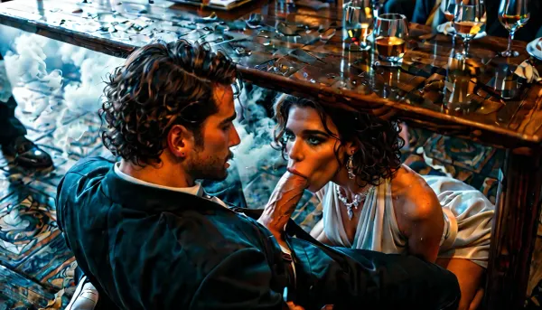 A 20-year-old bridesmaid, (kneels under a table:1.6), (sucks cock of sitting man:1.2), wears an elegant white dress, looking up, sweaty, disheveled hair, fellatio, blowjob, (man looks down to her:1.4), she hides under the table, several drunk party guests dancing in the blurred background, ballroom, shot from above, haze of cigar smoke in the air, filled with dust and smoke, cinematic moody lighting, tense but charismatic atmosphere, crowd, of, people, cloudy, smoke, atmospheric, clouds, fog, <lora:crowd_notrigger:.8>, <lora:MJ52:.4>, <lora:dark:.1>, <lora:Cloudy_Style:.6>, <lora:attractive_notrigger:.3>