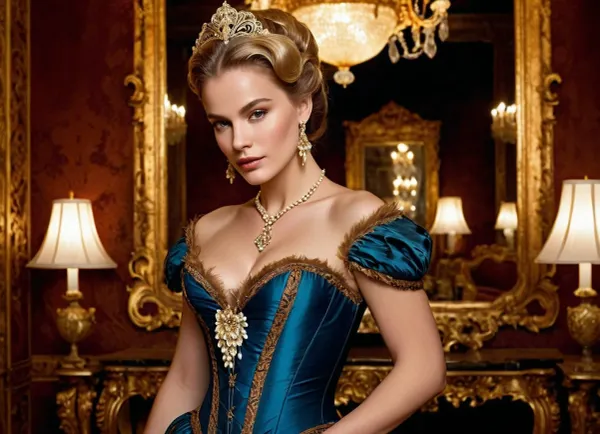 The noble Venetian lady, her corset-laced gown cascading in luxurious brocade folds, leans subtly toward the carved chest where her half-mask awaits—the plunging neckline accentuating her poised elegance, the mask’s delicate feathers trembling as her fingertips brush its edge, all bathed in the warm glow of Murano glass chandeliers reflecting off gilded rococo furnishings.