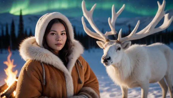 A beautiful 25-year-old woman, (Eskimo:1.1), next to a large albino reindeer, (detailed fur, face, and antlers:1.3), at the North Pole at night, (Eskimo animal-fur parka:1.25), (face tanned by the cold:1.3), (kind expression:1.2), natural-looking, looking directly at the viewer, (normal body:1.15), the woman, a warm reindeer campfire, aurora borealis in the background, a charming and cinematic, photorealistic lighting, (an Eskimo woman:1.2), ...