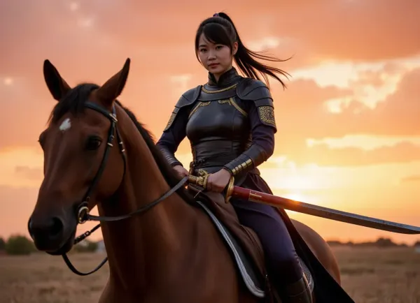 (masterpiece), (high quality), (picturesque detail), (photorealistic), (ultra-detailed), young Chinese warrior knight on horseback, (sharp focus), (dynamic pose), (intense gaze), (narrative lighting), (dramatic lighting), 1.5, in black leather armor, (black armor with gold accents), graceful, black hair tied in a high ponytail, hair blowing in the wind, holding two swords with gold hilts, (one blade with red inlay), (gold details on swords), (dark blue clothing under armor), black cloak, (powerful and determined), on a massive horse, part of the horse's muzzle visible in the foreground, (third-person view), (post-apocalyptic world), (tab in the background), at sunset, (orange and red tones), (sharp shadows), (deep contrast), (atmospheric), (cinematic), (epic), (fantasy art), masterpiece, 8k, detailed textures, textured leather, realistic eyes, delicate facial features.