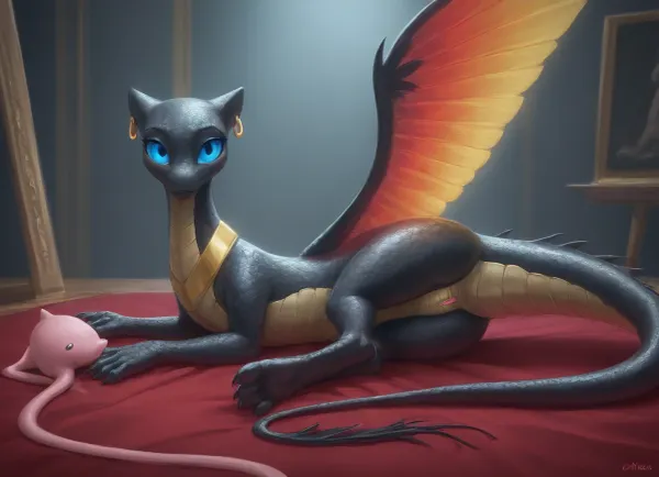 a painting of a dragon, on side, by Caroline Chariot-Dayez, Artstation contest winner, whimsical dragon with rainbow wings, small, glowing black aura, cute detailed artwork, mew face, black scales, kaladesh, disney artist, ultrafine detail, high res, feral, showing vagina