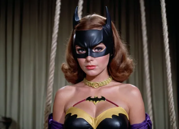 1960's Batman TV series, 35mm color film. Batgirl is tied up with ropes and her ample chest is exposed. Batman ponders if he should release her.