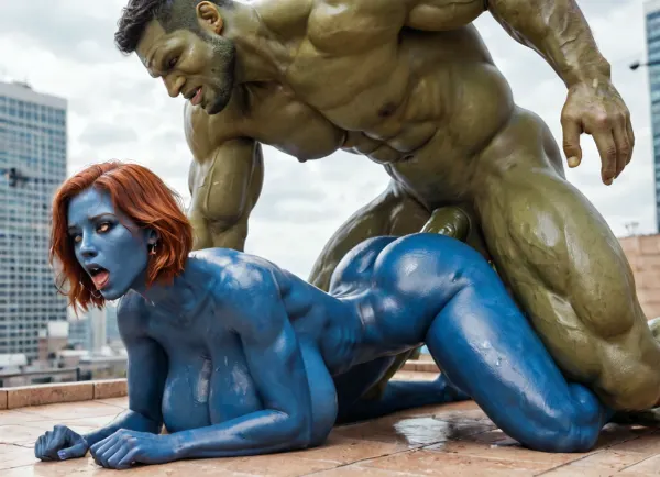 Outdoors, on a skyscraper rooftop, Interracial superhero sex, doggystyle sex, green skin Incredible Hulk is fucking naked 35yo Mystique with his long thick cock., ((Mystique has dark blue skin:1.4), massive breasts, athletic body, hip gap, (narrow waist), pussy cameltoe, Mystique has extremely short bob cut oiled auburn hair), green Incredible Hulk holds Mystique down by her shoulders, Hulk fucks her with his long thick overpowering cock, exposed cock, Mystique is powerless to resist, she is in pain, grimacing, struggling, rough sex, exhausted