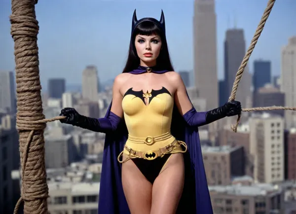 1960's Batman TV series, 35mm color film. Full body shot, Yvonne Craig playing Batgirl is tied up with ropes and her ample chest is exposed. Batman arrives to save Batgirl.
