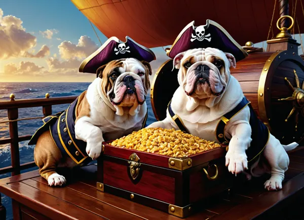 Two bulldogs dressed as pirates, celebrating on their ship with a treasure chest filled with foods, d&d, fantasy, highly detailed, digital painting, artstation, sharp focus, fantasy art, illustration, 8k, in the style of greg rutkowski. It's an absolute world-class masterpiece artwork. It's an aesthetically pleasing artwork with impeccable attention to detail and impressive composition.