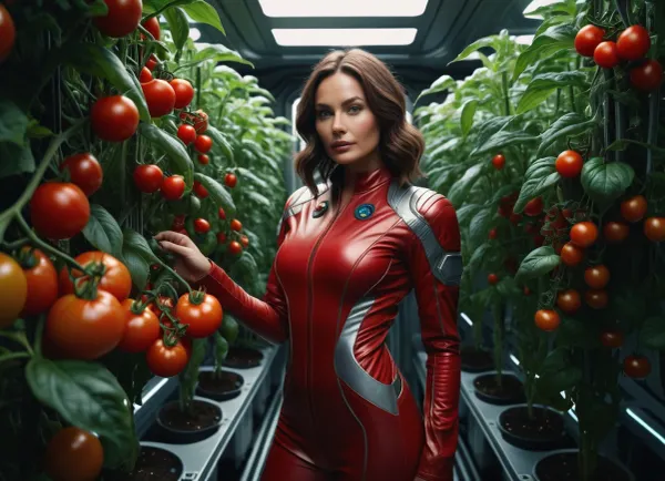Photorealism, photorealistic, realistic, {a woman in a tight-fitting space suit grows bushes with ripening red tomatoes planted in a clearly drawn, (hydroponic module of a spaceship), very creative, detailed, beautifully drawn spaceship, highly detailed, ultra-realistic