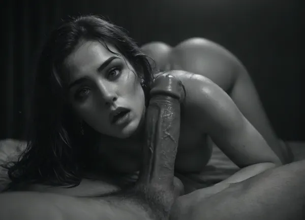 Monochrome, low-angle shot from the front, full-body photo, beautiful blonde, 22-year-old German woman lies on her bed being vaginally fucked hard from behind by her heterosexual lover, she lifts her small buttocks to meet the thrusts, (bubble butt), while her upper body is pushed down by her lover, unbridled lust, (lust, moans:1.2), (Ahegao face:1), sweaty hair, sweaty skin, face down, full lips, wide-open eyes, (blushing), (open mouth:1.1), shocked, fucked by a huge cock, (veined cock:1), (cock penetrates the pussy firmly and dynamically), masterpiece, ultra-detailed face, award-winning photo, film, still image, cinematic, shot, lighting, 35 mm, <lora:MJ52:.8>, <lora:Black and white art.V1:1.5>, <lora:RealDownblouseXL2:.8>, <lora:dark:.1>, <lora:Sweaty_Realism_4-000006:.8>