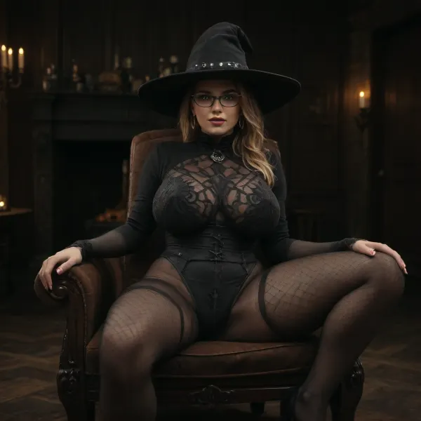 012.
25 years old, (super busty witch sitting at midnight in an ancient Rocking chair in front of a fireplace), ., (The room is dark and mysterious:2), .
the witch is wearing a witch's hat.
the baroque-style fireplace looks mysterious.
Dark ambient., (The biggest breasts), feminine, Scandinavian, blonde, Beauty face, Seductive smirk, Glasses, Tight hourglass body, fairer skin, ponytail, Sexy See-through fishnets bodysuit, Tight round hips, Sexy Peach Hip, Tight waist, super gigantic breast, (Her huge breasts are about to burst her tight bodysuit), (Her voluptuous body and tight bodysuit), ultra high quality, ultra detailed face.




ultra detailed body, ultra realism, realistic, 8k resolution, full body view, ultra-detailed, masterpiece, photo-realism, perfect face, (detailed face:1.3), best quality, extremely detailed face, perfect hands, five fingers, looking at camera view, pantyhose, fishnets, fishnet, legwear, full, 1girl, wiccan_witch, wicca, magic, magical, fantasy, glowing, supplies, symbols, baroque-style, f1r3pl4c3, <lora:Witch_XL-000017:2>, <lora:baroque-style_f1r3pl4c3:2>, <lora:dark:2>