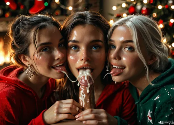 (((3 women))), (petite, cum loving, women), (women enjoy, (kissing cum, licking cum, swapping cum, craving cum, penis)), (heads close together, cheek to cheek), (stunningly beautiful faces, highly detailed faces, innocent faces), (blue eyes), perfect teeth, ultra realistic tongues, (slender bodies), (wet skin, ((shiny skin))), (dynamic body positions:1.2), stunningly beautiful lingerie models, (cute hoodie pajamas:1.2), (licking, sucking, deep throating, handjob, penis), smiling proudly, laughing eyes, very happy, (looking lovingly at the viewer:1.2), eyes closed, (white hair, cute updo), (highly realistic cum), Christmas cookies, in a living room, Christmas tree, holiday decorations, Christmas presents, fireplace, dramatic lighting, <lora:MJ52:.5>, <lora:BUT_SDXL_SHS:.4>, <lora:dark:.4>