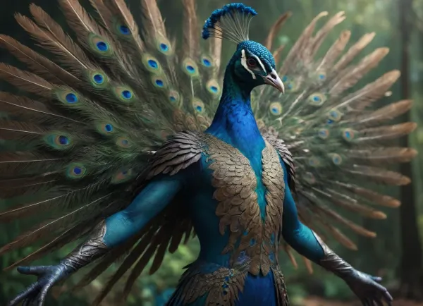 Bird man. Feathers. Part peacock. Humanoid. Wing arms. Hybrid.