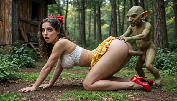 Super realistic 8k style, score_9, score_8_up, score_7_up, FILM PHOTOGRAPHY STYLE, cinematic photo photo woman, professional portrait photography, Disney snow White, a girl with massive breasts, a large bust with a décolleté, a fluffy pencil skirt, a tall Disney princess hairstyle from Snow White and the Seven Dwarfs, detailed skin, cinematic quality, excellent blending, moonlight, perfect eyes, black short curly sleek haircut, blue puffy blouse with puffy arms, yellow puffy knee-length skirt, seven dwarfs with protruding cocks waiting for her to fuck, forest, trees, grass, wooden house, the Middle Ages, perfect body proportions, long slender smooth legs, red high-heeled shoes, narrow calves, narrow hips, perfect ass, big balloon-like breasts, tall, hourglass figure, red bow on her head, princess outfit, fairytale world, fabulous clothes, long slender legs, silicone breasts of the fifth size, elastic tits, a thin, skinny ass, a narrow waist, and perfect legs, bent over, sexy clothes, high heel, show pussy, torn clothes, shock, shocked expression on the face of a woman on all fours on the floor, (very small goblin:1.3), a small goblin boy with a giant cock, (the woman is larger than the goblin boy:1.2), pussy fuck, a small goblin fucks the woman's pussy from behind, (see the penetration), legs hanging from her ass, grabs her ass, with bulging eyes, full body view, side view, fantasy style, <lora:detailed_notrigger:1>, <lora:add-detail-xl:.8>, <lora:677862_training_data:.8>, <lora:Fallout_4_XL_Style:1>, <lora:LCMTurboMix_Euler_A_fix:.8>