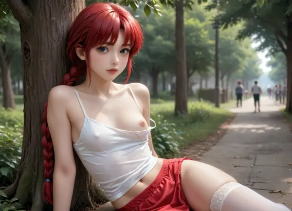 (masterpiece:1), (high resolution:1), (high quality:1), (high definition:1), (extra detailed:1), photo realistic, realistic skin, (small breasts:1.3), (small chest:1.3), (flat breasts:1.3), (flat chest:1.3), (vary small areola:1.3), (small nipple:1), (round areola:1), (round navel:1), (realistic skin:1), (realistic breasts:1), (realistic chest:1), (realistic areola:1), (realistic nipple:1), (realistic navel:1), (no public hair), cowboy shot, 1 girl, 20 years old, Japanese Girl, jpn-girl, ranma-chan, breasts, braid, thighhighs, red hair, garter straps, 1girl, blue eyes, single braid, genderswap, (mtf), areola slip, blush, sitting, public indecency, skirt, no bra, exhibitionism, tree, outdoors, solo focus, tank top, long hair, medium breasts, miniskirt, strap slip, braided ponytail, bare shoulders, nipple slip, wristband, underwear, cleavage
on kiss with tongues entwined from behind, leg-up, <lora:japanese_girl_v1.1:2>, <lora:legupsex_XL_9_-000009:1.3>, <lora:Test_-_wet_women_-_based_on_generated_images:1.4>