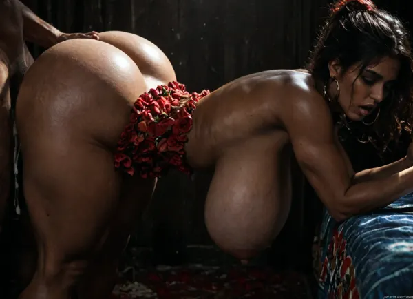 ((Close up, Ebony Indian skin girl in loose summer red flower dress:1.5)), 20 years old high society girl, Thicc booty, toned muscular thighs, tight pussy, wearing posh sheer summer dress, kneeling bent over a blue pillow on red flower bed, in an enclosed girl pink room, vaginal fuck be a huge muscular boyfriend, he has huge veiny penis, fucking the girl in doggystyle, soft shadow lighting, hardcore vaginal sex, rough spank sex, hair pull, arched back, cum splashes, ((tits nipples hanging out naked, big huge butt:1.4)), natural saggy huge breasts, bent hardcore doggystyle on flower bed, epic realism, closed eyes, open mouth, (cum trails, cum on ass, cum bukakke, cum fest), vibrant graffiti as backdrop, edgy fashion, sense, confident gaze, colorful hair, light beams streaming through haze, (sharpness:1.3), (details:1.3), sharp focus, natural lighting, subsurface scattering, f2, perfect anatomy, maximum detail, hard rim lighting photography, hyper realism, high detail, 8k, HDR, UHD, (photorealistic:1.2), panoramic, dslr photo, (((surreal))), trippy, <lora:LCMTurboMix_Euler_A_fix:.8>, <lora:dark:.8>