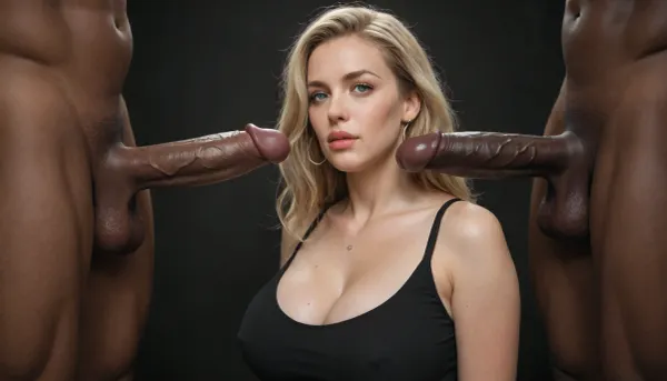 white woman, (milf:1), blonde hair, green eyes, nsfw, black spandex top, massive breasts with hard nipples under the shirt, looking suprised and in shock at a massive cock of a black african male in front of female, gigantic thick 25 inch penis, huge erection. sqeezing his testicles, black room, black background.