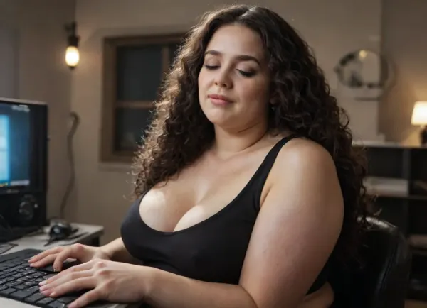sitting in computer chair and computer room, Very fat black long hair, black tanktop, obese and overweight, (bbw:1.3), (saggy bigs tits:1.1), pleasure expression, masturbating, closed eyes, orgasm, (retrofuturistic:1), (retrofuturism:1), round face, plump lips, bbw, pawg, body, big ass, (bokeh:1), dim lights, long black hair woman, (black hair:1.5), (curly hair:1.6), (long hair:1.5), symmetrical face, (high detailed skin:1.2), 8k uhd, dslr, high quality, soft lighting, bhands, perfect fingers, masterpiece, best quality, highly detailed, maniacal, laughter, <lora:hrg:.6>, <lora:Chubby BBW - XL:.7>, <lora:maniacal_laughter:1.5>