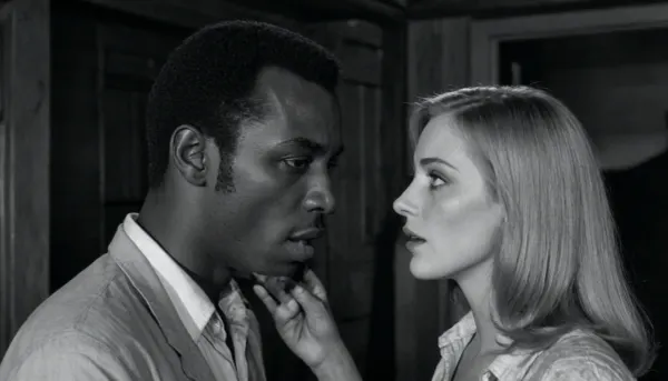 1968, 35mm b&w, George Romero's film Night of the Living Dead, scene with interracial couple, a white woman kisses a black man in a dilapidated house, zombies try to pull the couple apart.