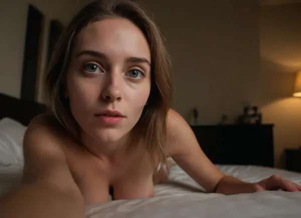 ziprealism, (21 Year old, intimate selfie esthetic, romantic anticipation:1.6), (selfie view, low angle view, bedroom, large cozy bed, lying on bed, on side, thigh gap:2), (seductive eye contact, sensual desire:1.8), (perfect eyes, focus on eyes:1.2), (shallow depth of field, layered composition, analog lens, silhouette:1.4), (split lighting, dramatic shadows:1.8), (large breasts, natural breasts, heavy soft breasts, soft mounds, slender waist:1.6), (grey eyes, gray eyes, large expressive eyes), (ash-blonde hair with dark roots), (swept-back hair style), (ultra realistic, 8k, 4k, ultra-detailed, professional photography, maximum quality, uhd, RAW photograph), (detailed eyes, high resolution eyes, natural skin texture, high quality eyes), Stable-Yogis-Makeup-Enhancer-XL