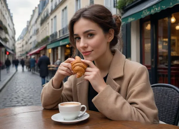 (High resolution image:1.2), (photorealistic:1.3), (detailed:1.1), (best quality:1.2), (masterpiece:1.3), . A charming Parisian woman with, (dark hair gathered in a bun:1.1), (light makeup:1.1), is drinking hot chocolate in a cafe in Montmartre, sitting at a wooden table in an outdoor cafe. She is holding a, (fresh croissant:1.2), in both hands, and, (looking directly into the camera:1.1), with a slight smile. She is wearing a, (beige coat:1.1), and a black blouse. On the table is, (white cup of hot chocolate with cream:1.1), . The background is blurred, (bokeh:1.2), depicting, (Montmartre Street in Paris:1.1), with, (cafes and stores:1), . In the background can be seen, (fuzzy human figures:1), ., (Soft daylight:1.1), (natural light:1), (warm colors:1)