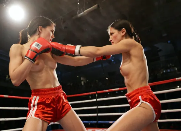 RAW, photo of two photorealistic boxers fighting in a boxing arena. The first boxer is a muscular men. The second boxer is a Russian girl topless with dark hair and red boxing gloves, who faces the men to punch him. smooth lighting, Snyder, Style, <lora:add-detail-xl:.8>, <lora:detailed_notrigger:.8>