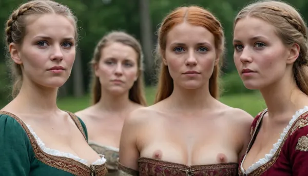 3 beautiful ladies. 3 women from Denmark in traditional danish dresses, medieval dress, half naked, exposed naked breasts.