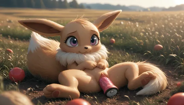 (Jack Cayless art style), Eevee from pokemon, purple eyes, masturbation, dildo-pokeball in pussy, wet, carrot garden in a field, soft shadows