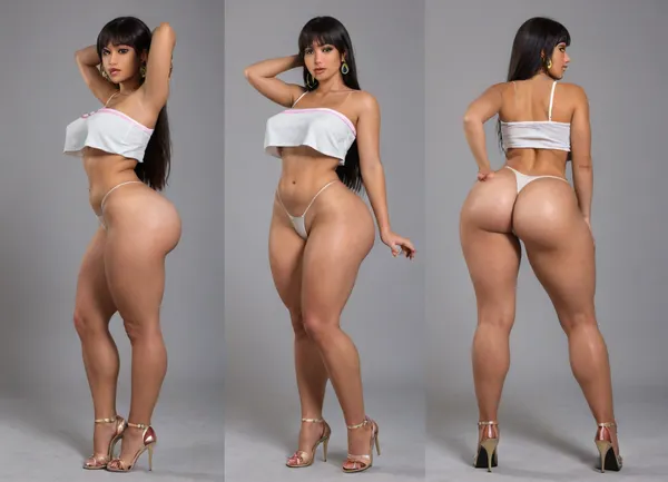 Hyper realistic, award winning photo, 20+, Hourglass, fit, voluptous, hyper bbl, cosplay, chel from road to el dorado, sitting on a chair back to viewer, spreading ass wide open, stretching ass cheeks apart, huge heart-shpe ass, (Large Ass:1.3), rounded bubble butt, bulging ass, deep ass crack, huge heart-shpe buttocks, bulging butt, extremely tight butt, bubble bubble butt, extremely juicy bubble butt, round ass, back arched, cocked hip, feet spread wide apart, looking back at viewer, large Breast, large natural teardrop breasts, 38 double g breast size, pink areolas, (hyper erect nipples:1.3), hyper prounounced nipples, straight hair, Form Fitting Clothes, micro thong, g-string, tone Thighs, wasp waist, lean, tan skin, medium tan, (tan lines:1.3), hinata face, round face, large round eyes, dark brown eyes, dark brown hair, arrogant expression, jewelry, exposing breasts, seductive, inviting, enticing viewer, dynamic sexy pose, hdr, highly detailed, huge wide hips, thick tone thighs, thigh gap, perfect body, thighs bigger than waist, wide hips, tone long legs, heels, (5 inch heels:1.3), hyper sultry, hyper suggestive, hyper provocative, ass, hips, narrow, waist, longnips, large, breasts, big, boobs, huge, tits, side view, rear view, front view, <lora:BodyLicious:1.3>, <lora:longnipsxl:1.5>, <lora:bombshell_v2:1>