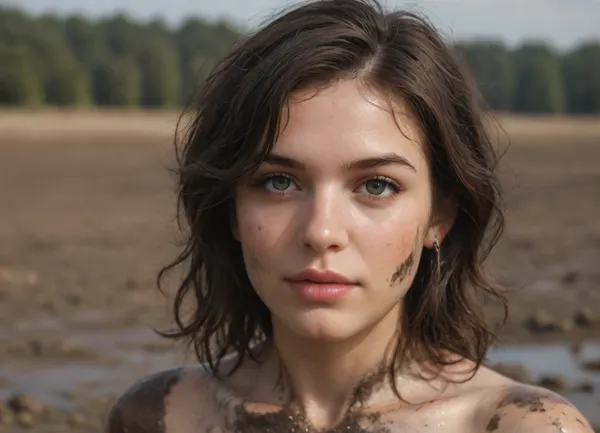 A photorealistic close-up shot of a woman with dark, messy muddy hair, partially covered by dark, textured mud. The image also shows a woman in the center of the frame, looking directly at the viewer with a neutral expression. The woman appears to be in her late 20s and has long, wavy black hair that falls down her back. She has a chubby body and is wearing minimal clothing. Her face is covered in black mud, with some areas appearing darker and others lighter, creating a sense of depth and texture. Her eyes are deep brown and she is looking to the side with a slight smile on her lips. The background is a textured, dark mud surface with visible cracks and texture, which contributes to the overall moody and gloomy atmosphere of the image. The overall impression is one of vulnerability and isolation, as the woman's face and body are covered in a thick layer of black mud., <lora:Chubby BBW - XL:1.5>