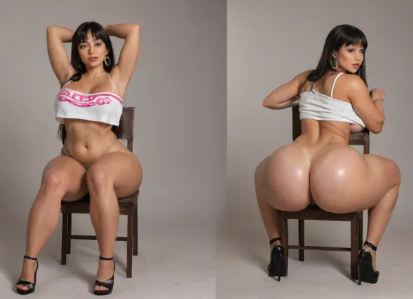 Hyper realistic, award winning photo, 20+, Hourglass, fit, voluptous, hyper bbl, cosplay, chel from road to el dorado, sitting on a chair back to viewer, spreading ass wide open, stretching ass cheeks apart, huge heart-shpe ass, (Large Ass:1.3), rounded bubble butt, bulging ass, deep ass crack, huge heart-shpe buttocks, bulging butt, extremely tight butt, bubble bubble butt, extremely juicy bubble butt, round ass, back arched, cocked hip, feet spread wide apart, looking back at viewer, large Breast, large natural teardrop breasts, 38 double g breast size, pink areolas, (hyper erect nipples:1.3), hyper prounounced nipples, straight hair, Form Fitting Clothes, micro thong, g-string, tone Thighs, wasp waist, lean, tan skin, medium tan, (tan lines:1.3), hinata face, round face, large round eyes, dark brown eyes, dark brown hair, arrogant expression, jewelry, exposing breasts, seductive, inviting, enticing viewer, dynamic sexy pose, hdr, highly detailed, huge wide hips, thick tone thighs, thigh gap, perfect body, thighs bigger than waist, wide hips, tone long legs, heels, (5 inch heels:1.3), hyper sultry, hyper suggestive, hyper provocative, ass, hips, narrow, waist, longnips, large, breasts, big, boobs, huge, tits, side view, rear view, front view, <lora:BodyLicious:1.3>, <lora:longnipsxl:1.5>, <lora:bombshell_v2:1>