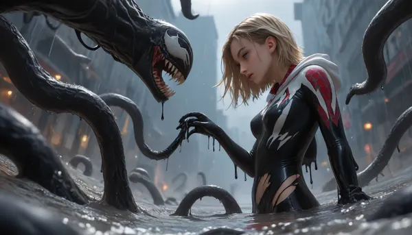 side view, low view, Black Tentacles with hands on the tips everywhere, raining black slime, asymetrical, (Spidergwen covered in black oil, ripped suit, skin disappearing, hands transmuting into tentacles, body is partly turning into Venom, melding together with the black slime, laying down partly submerged in black slime like quicksand), . Black Tentacles rising from the bottom, held down by 4 Black Tentacles, submerging in black slime like quicksand, Black Tentacles grabbing vagina, Black Tentacles grabbing neck, chocking, exstatic, black slime everywhere, pulling her down, she is reaching out, try escaping, lightning, sparks, explosions, metal parts, fighting eachother