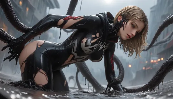 side view, low view, Black Tentacles with hands on the tips everywhere, raining black slime, asymetrical, (Spidergwen covered in black oil, ripped suit, skin disappearing, hands transmuting into tentacles, body is partly turning into Venom, melding together with the black slime, laying down partly submerged in black slime like quicksand), . Black Tentacles rising from the bottom, held down by 4 Black Tentacles, submerging in black slime like quicksand, Black Tentacles grabbing vagina, Black Tentacles grabbing neck, chocking, exstatic, black slime everywhere, pulling her down, she is reaching out, try escaping, lightning, sparks, explosions, metal parts, fighting eachother, Venom byting her face