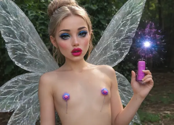 awesome detailing, awesome lighting, nude small petite fairy, detailed blonde hair in messy bun, transparent glittery fairy wings, sparkling eyes, flat chest, (holding a magic vibrator in her hand:1.3), tiny glowing nipples, tiny waist, ((makeup:1.5), long blue eyelashes with eyeliner:1.2), (big lips:1.3), Her body is slightly tilted to the side, one leg is slightly bent at the knee, (purple pussy:1.1), nipple ringsnipple, (purple puffy anus:1.5), (there are, (big anal beads:1.3), sticking out of the anus), nipple ringsnipple slender petite body, slender thin legs, shiny pink tight pussy, purple skin, glowing skin, huge cherry blossoms tree, wild flowers, fireflies, colorful small birds, bush, grass, sunlight, angle from above, (((looking, viewer))), (((splash, pad))), ((spray, water)), ((wet, body)), off, shoulder, see, through, dress, miniskirt, wind, park, trees, fluttering, hair, ribbon, drooling, sweat, shy, blush, open, mouth, moist, skin, underboob, <lora:girllikesplashpad_sdxl:.8>