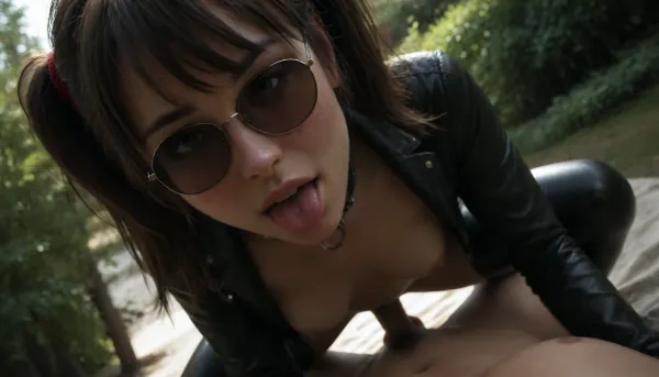 (Close-up), 19 years old, at picnic, outdoors, (wear open leather jacket, animal collar, belt, latex stockings, largue black gloves, sunglasses), masterpiece, naked, explicit, (perfect body), close to viewer, hug at viewer, my pov, squat, viewer hands, viewer grab nipples, leaning forward, riding, looking at viewer, cowgirl, riding penis, grinding, long dark hair, twintails, red headband, hair between eyes, fringe hair, (ahegao eyes), black cabie hat, eyelashes, (female orgasm, body spasming, back arching), pubic hair, smile, open mouth, natural medium breasts, giant breasts, ((very sweaty)), larguenipples, (slightly opened mouth), legs spread, visible pussy, in luxurious bed, sunlight, (Dynamic angle:1.5), Full body in Frame, top View, best quality, amazing quality, high contrast, intricate details, view from top, photorealistic, org4smic, <lora:dark:.1>, <lora:org4smic_sdxl:2>, <lora:Sweaty_Realism_4-000006:1.1>
