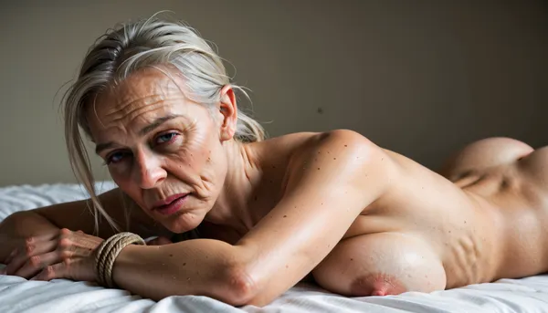 (A 69-year-old woman:1.8), lying face down, naked, in profile. Looking at the viewer, with a bob haircut, black hair, big sagging breasts, rounded buttocks, and pale skin., (Her hands are tied behind her back.), UHD 8K, extreme realism, maximum detail. Arms bound, rope. A Black man is lying on top of her and pulling her hair. He is penetrating her anally. She screams in pain, agony, anguish, anxiety, depression, despair, grief, pain, sadness, stress, suffering., <lora:SDXL_BDSMArmbindersXL:.8>, <lora:Lamentations-000016:.8>