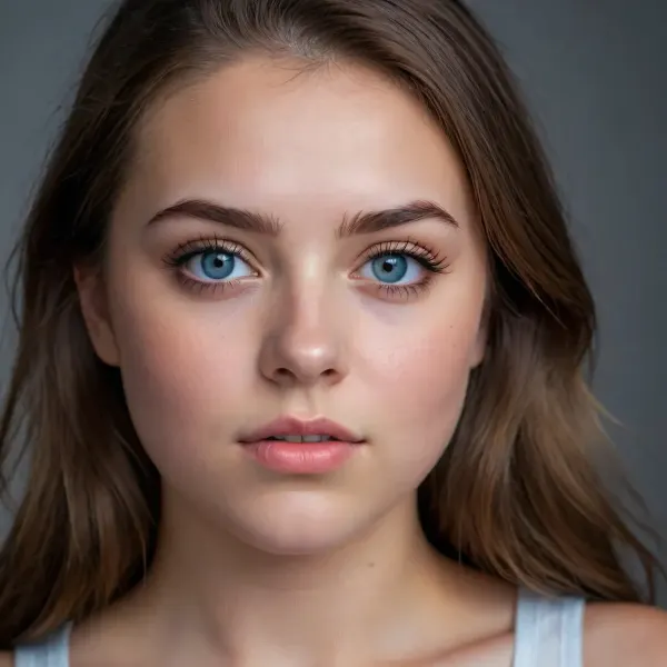 RAW photo, portrait, professional, simple background, gorgeous sexy 18 year old girl, brown hair, blue eyes, dark eyebrows, round funk face, (chubby:1), 8k uhd, dslr, soft lighting, high quality, film grain, Fujifilm XT3