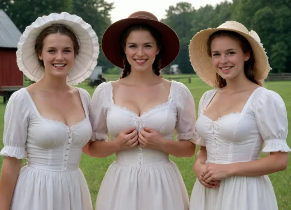 Group of half-naked beautiful Amish busty women, 30 years old, traditional Amish dress with bonnet, long skirt, unbuttoned corsette, open white blouse, fully exposed naked breasts, topless, no bra, beautiful breasts, nice tits, strong legs, smiling, farm outdoor, hyperrealistic