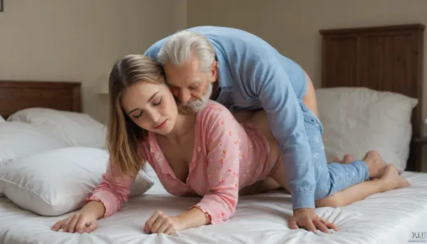 Straight couple, (grandpa and a 25 year old beautiful woman:1.5), ((old grandpa, beard, short haircut)), (long beard:1.2), lying in bed together in sexy pajamas, tight ass, tight thighs, medium sized perky tits, ginger hair, adorable face, cute, sleeping hair long, plump lips, submissive, shy, grandpa has big penis, veiny dick, couple fucking racq, (woman on all fours, knees wide apart, face in pillow), (grandpa from behind on knees inserting his penis into vagina, holding hips), (down pajama pants), pajamas, night time, sleeping, vaginal penetration, wide ankles, award winning photography, ultra high detail, HDR, creampie, intense orgasm, one leg on top of guy, facing each other. Body manipulation, divine proportions, casual, inexperienced, (((rule of thirds))), high quality, high detail, high resolution, backlit