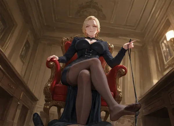 (Mature mistress sitting in a chair in front of male slave), pov, mistress pointing viewer with her foot, slender woman, narrow waist, tight fitting dress, pantyhose, corset, tied hair, british lady, busty, long legs, slender legs, pointing foot, classy clothing, mistress holding a leash, whip sitting on coffee table, wide angle, low angle, upskirt, stylised photography, film noir setting, femdom, pov leashed, foot close to viewer, blonde, 50 years old