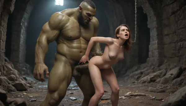 orc man fucking a girl like a cock sleeve, chain, size difference, bound, dark dungeon, underground cave, uncomfortable, cock sleeve, stomach bulge, bulge, crying, screeaming, unwanted, salve, sex salve, sex toy, sex torture, orc man standing with the girl strapped to the orc while being deeply penetrated, bruised, blood, terror, realistic, detail, face ditail, bruised, bruises, injured, badly injured, crying, bloddy, blood, deep, deep penetration.