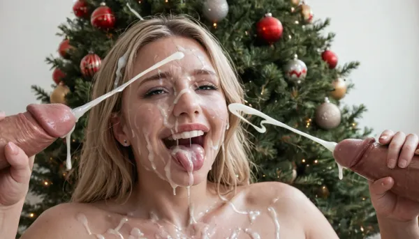 close up of a huge 19 inch thick white dick, masturbating, (ejaculation:1.7), cumshot into the wide open mouth of a mature curvy woman with long blonde messy hair, (milf:1.1), happy, horny, sadistic grim, smiling, tongue sticking out, excessive cum dripping from tongue, white room with a christmas tree, white background, (Cum details), realistic cum, Prominent cum, (white cum:1.7), cum on, (Cum flows:1.2), (cum on body:1.3), cum on head, (cum on face:1.3), bukkake, ((body covered with semen)), cum, face, Face covered in cum, (A lot of cum:1.5), <lora:JustCum:.7>, <lora:cum_in_eye_deepmind:.8>