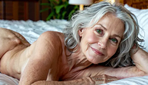 a curvy 69 year old english woman with tousled shaggy messy grey hair and green eyes and big breasts and pale skin and no makeup lying prone on bed, perfect eyes, topless, smiling, perfect nipples, side view