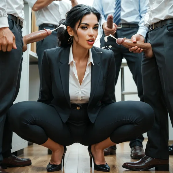 Lawyer woman with black hair, squatting, taking cumshots in office from lots of dicks