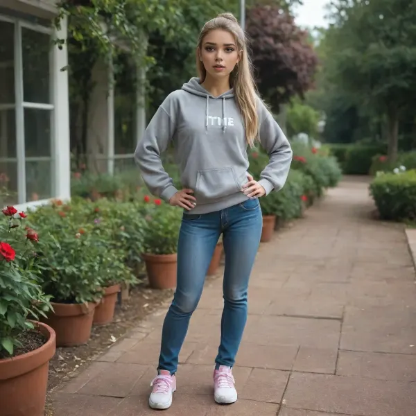 full body view, standing, hands on hips, 1 girl, 18 years old, petite and thin, short body, long blonde hair, (long hair:1.3), straight hair, hair tied to ponytail, very clear brown eyes, smiling, parted lips, (parted lips:1.7), flat chest, small breasts, narrow hips, no make up, handsome, very feminine face, blue jeans, grey hoodie, pink sneakers, in a garden, day time, (day time:1.8)